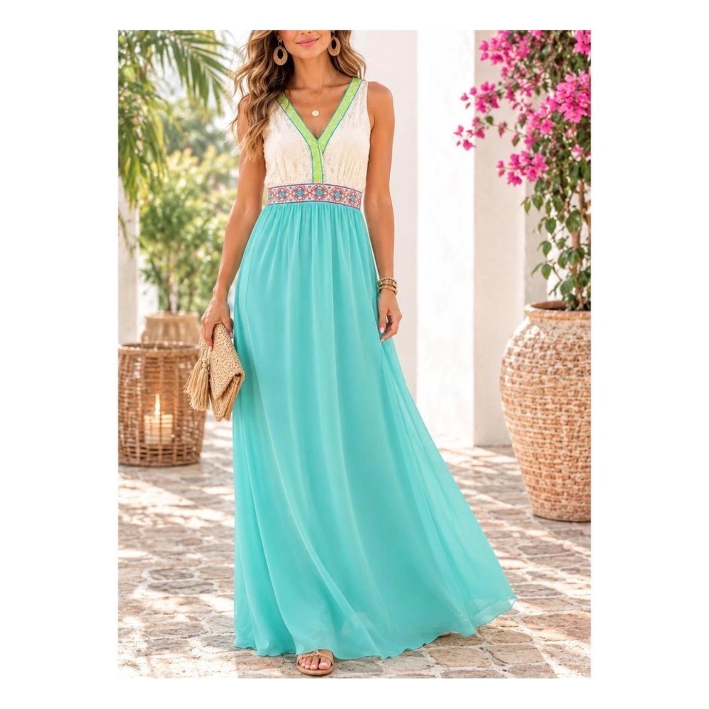 Flying Tomato Embroidered Maxi Dress Medium Turquoise Boho Festival Resort